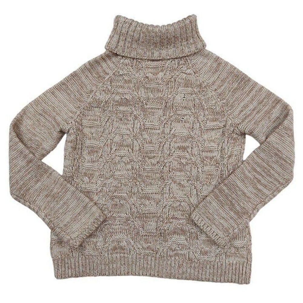 Coldwater Creek Merino Wool Sweater Womens Medium Beige Turtleneck Cable Knit